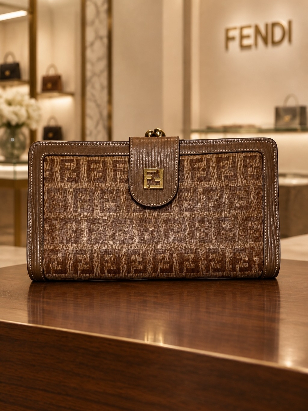Vintage Fendi Brown FF Monogram Kiss Lock Wallet with Gold-Tone Logo